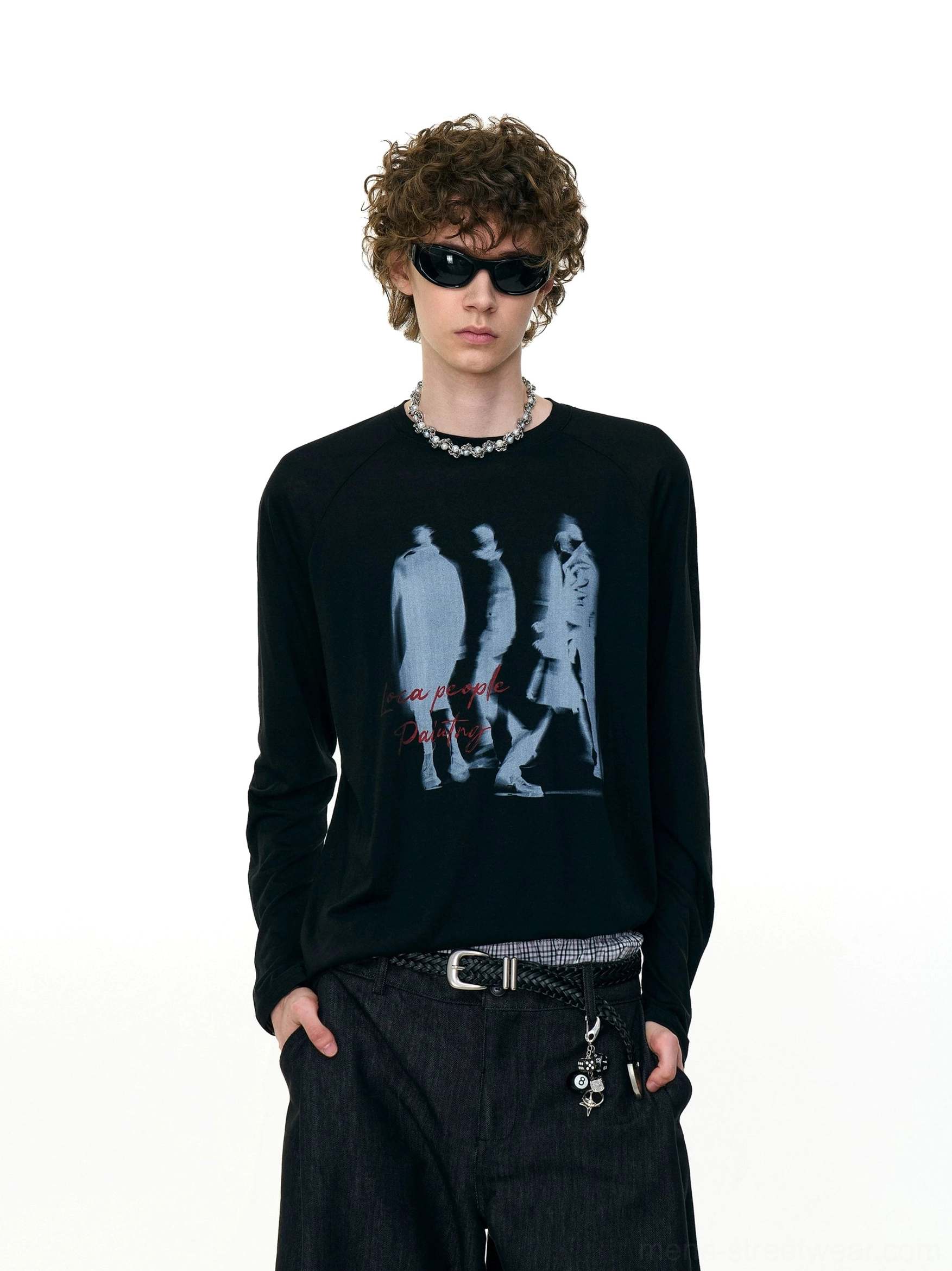 Black Ghost Walkers long sleeve graphic tee featuring ghosted walking figures, red script lettering, crew neck, and silver chain styling