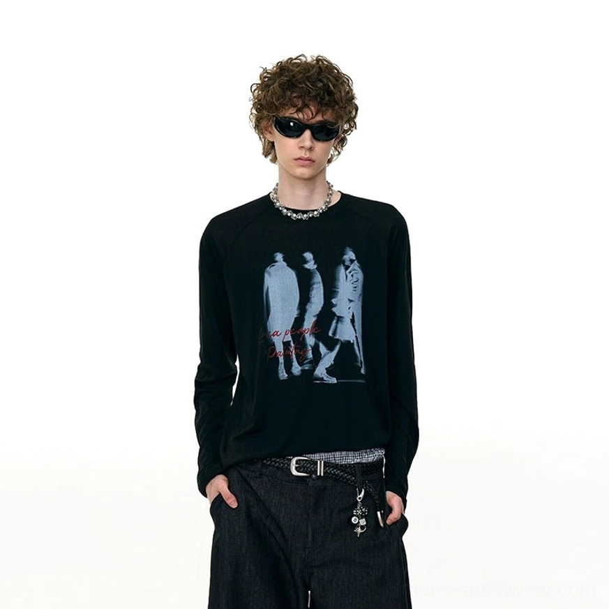 Ghost Walkers shadow graphic long sleeve streetwear shirt product image featuring walking silhouettes, red script, and casual oversized styling