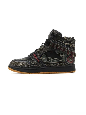 Black gilded mythic armor high-top sneakers with retro metal cloud relief, red-gold trim, and gum rubber outsole shown from the left side