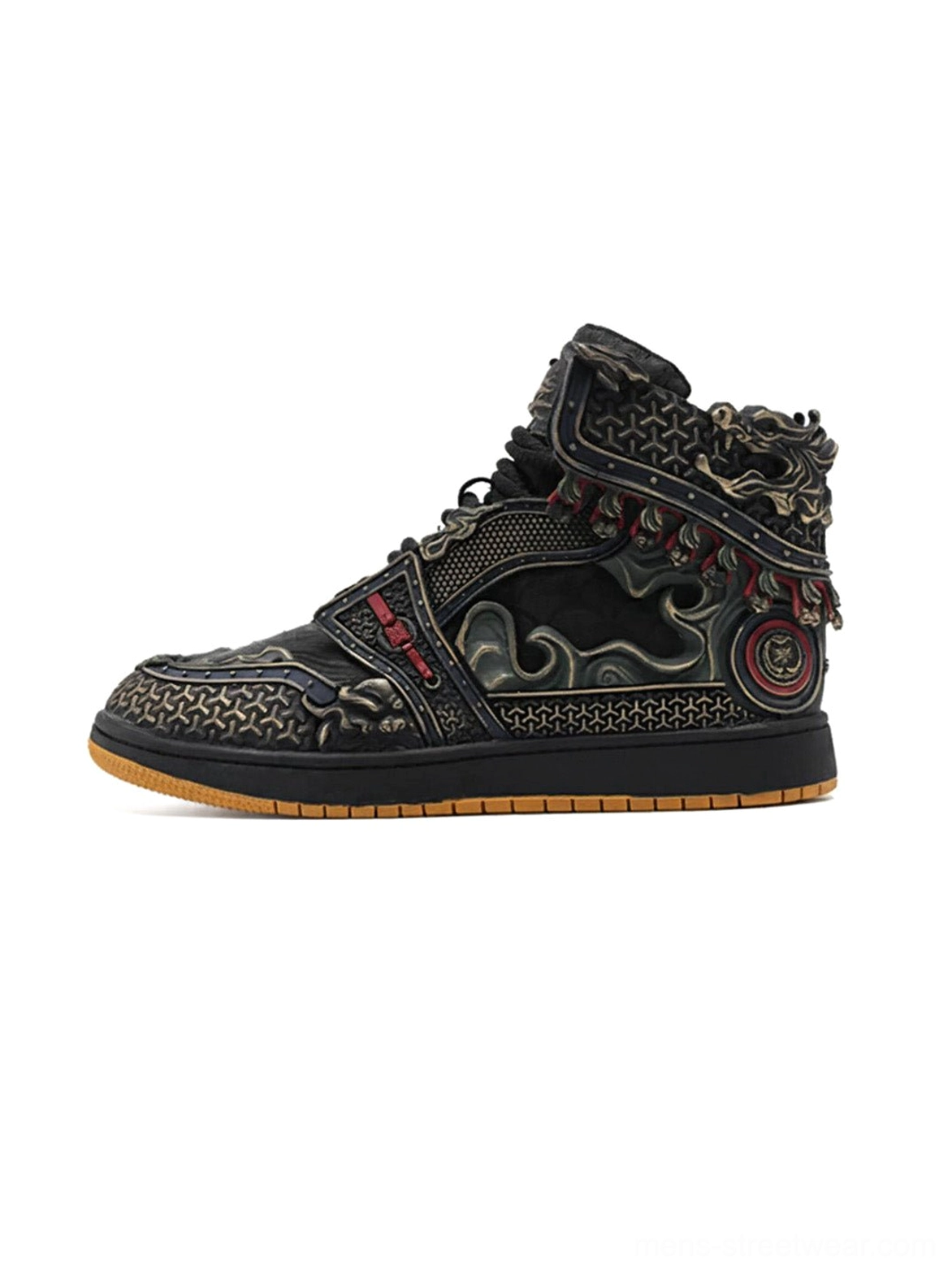 Black gilded mythic armor high-top sneakers with retro metal cloud relief, red-gold trim, and gum rubber outsole shown from the left side