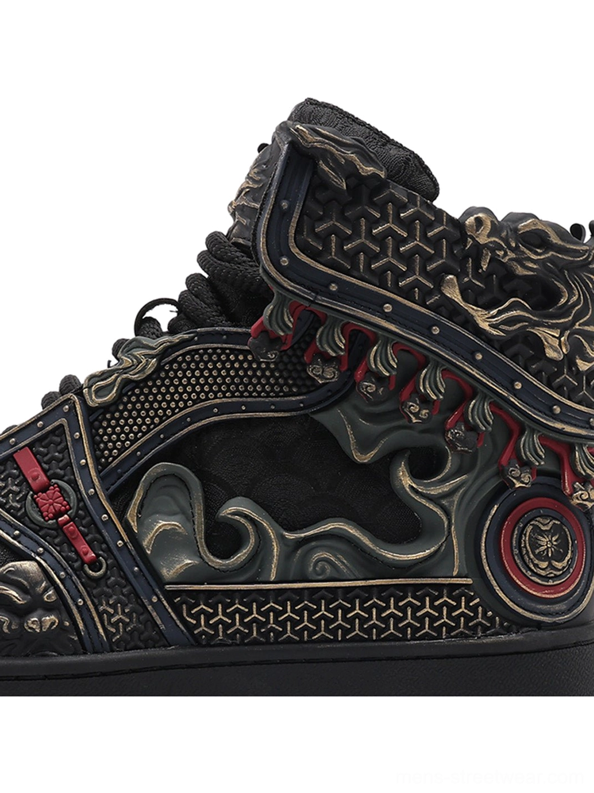 Gilded mythic armor black high-top sneakers with sculpted relief detailing for avant-garde streetwear styling
