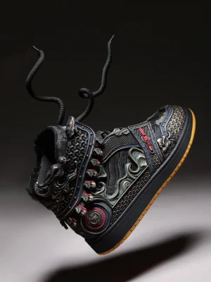 Black armor-inspired high-top streetwear sneakers with furry inner collar, thick laces, and decorative metal panels on a dark studio background