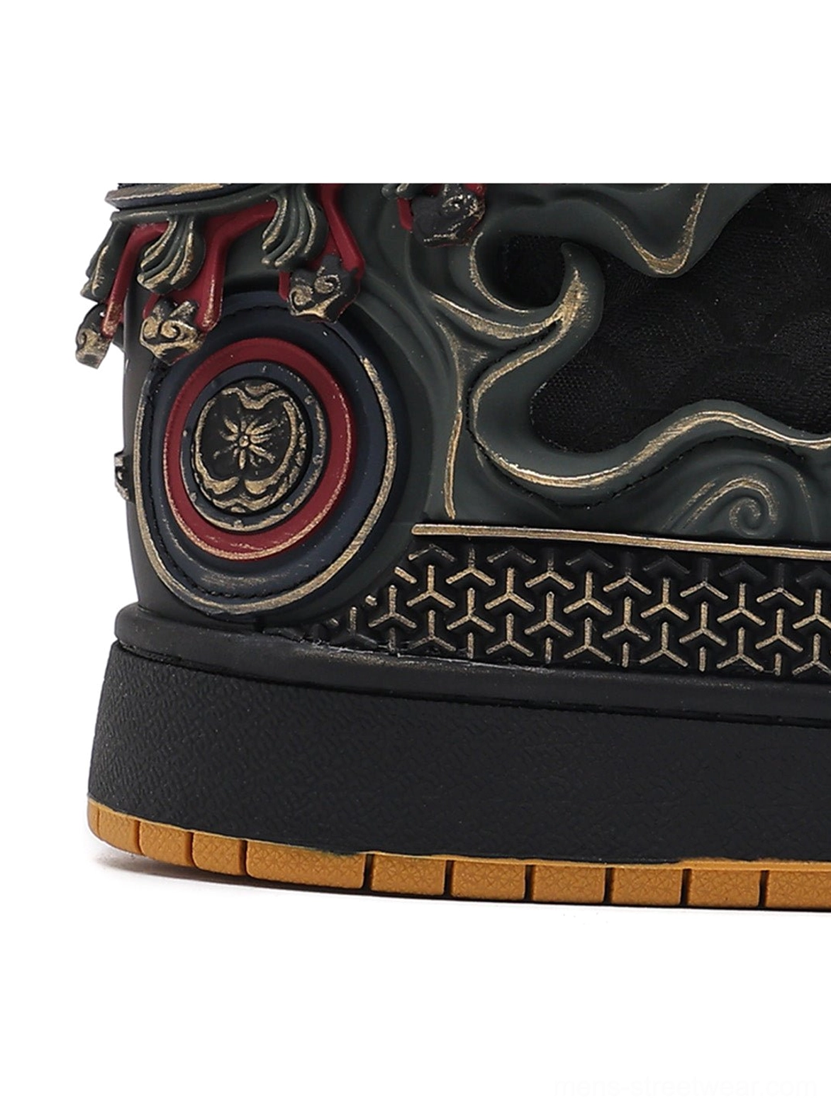 Black decorative armor-inspired high-top sneakers with red-gold accents and chunky gum outsole for modern urban fashion