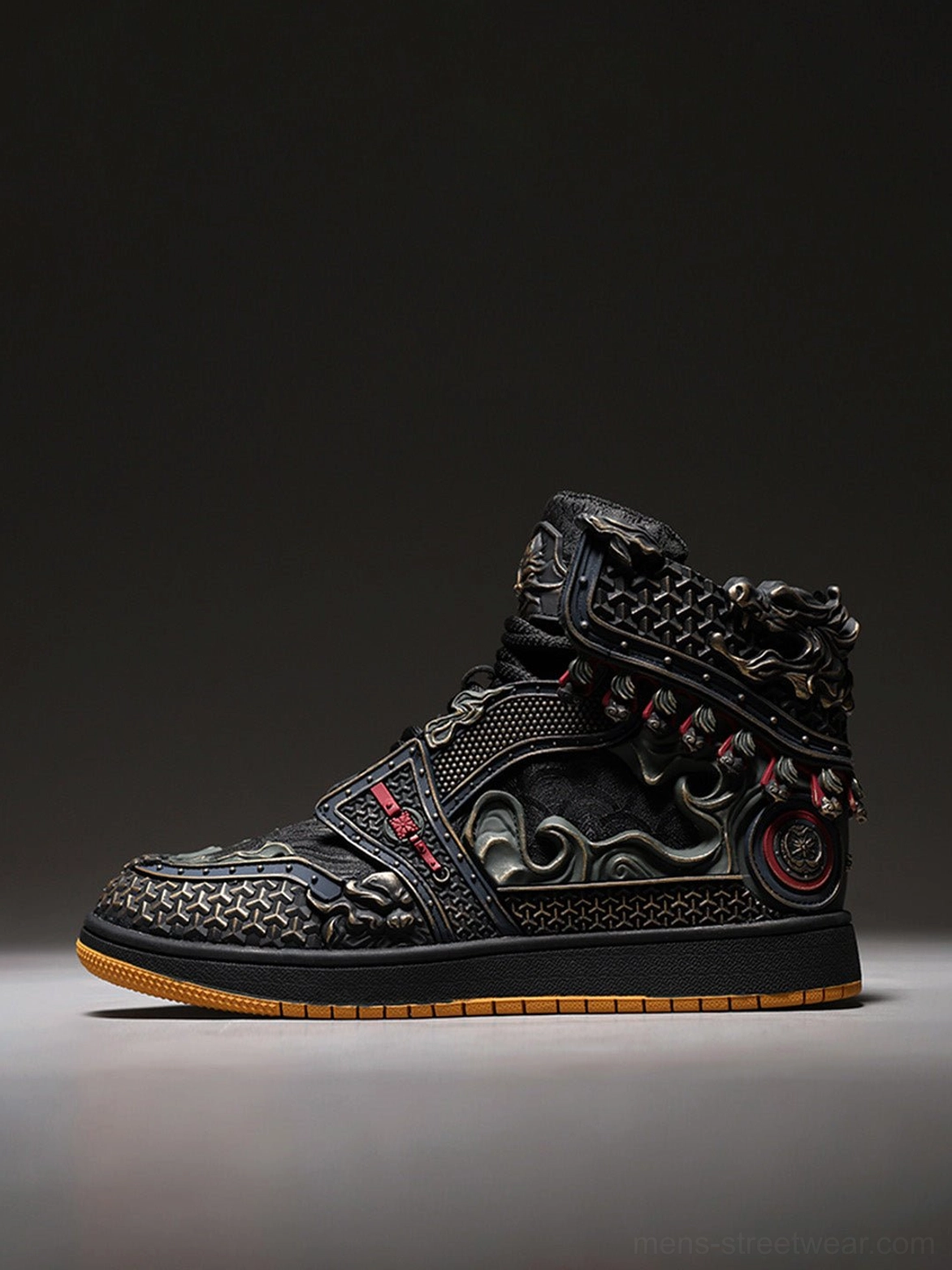 Black mythic armor high-top sneaker side view with decorative strap, intricate cloud pattern, and red-gold ornamental detailing