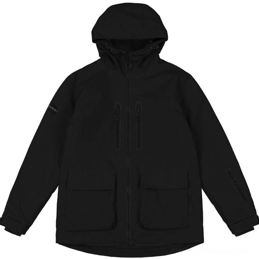 Flat lay front view of solid black unisex snow jacket with full zipper closure attached hood and multiple utility cargo pockets
