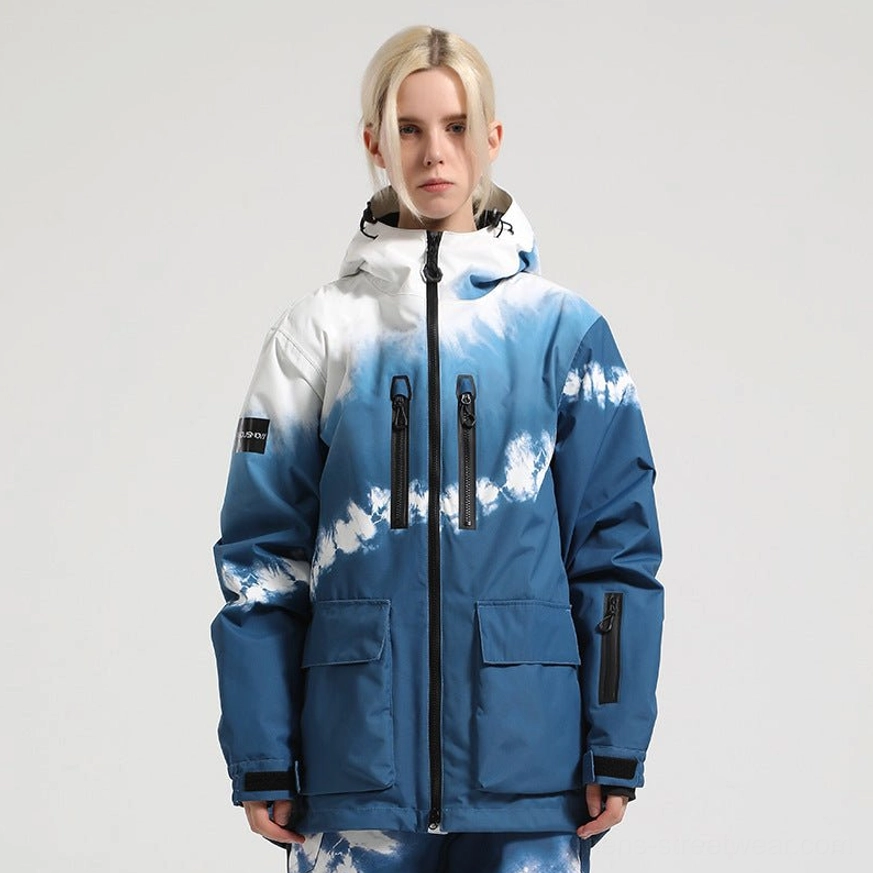 Blue white cloud gradient ski jacket with attached hood black zipper pockets and contemporary streetwear snowboard silhouette