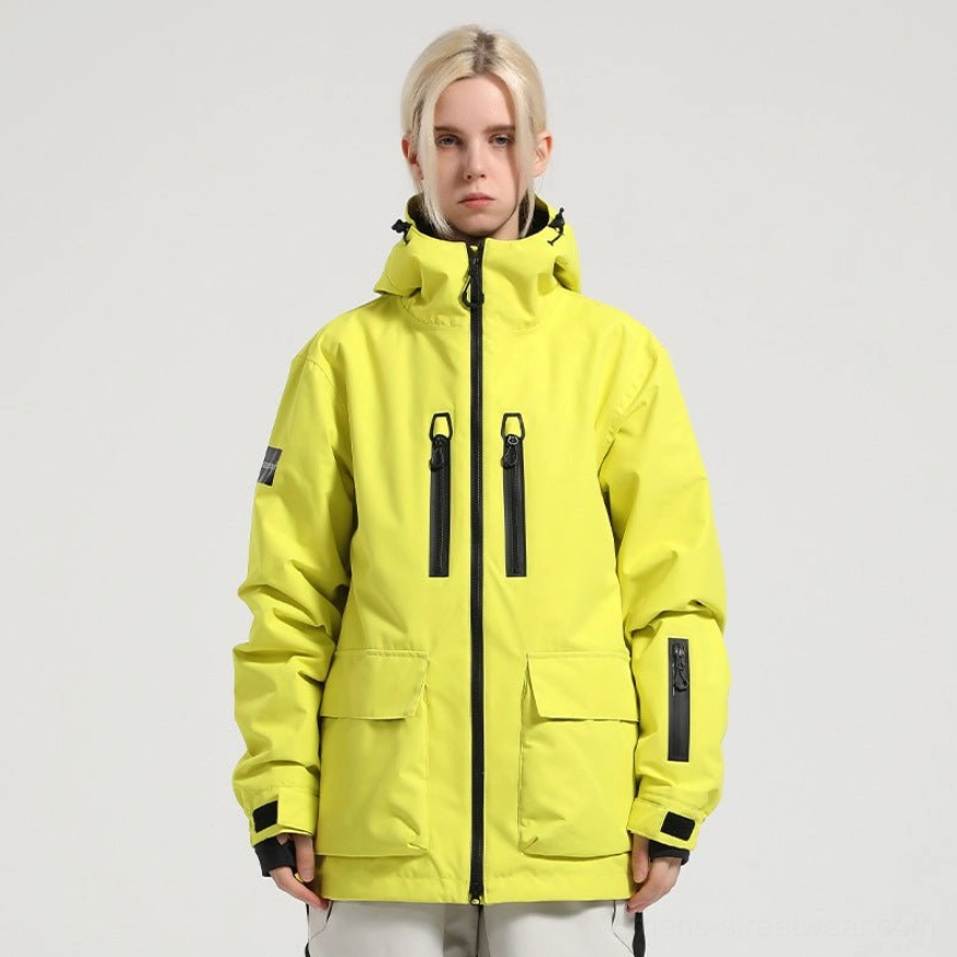 Bright fluorescent yellow outdoor snowboard jacket with black details utility cargo pockets and adjustable wrist cuffs