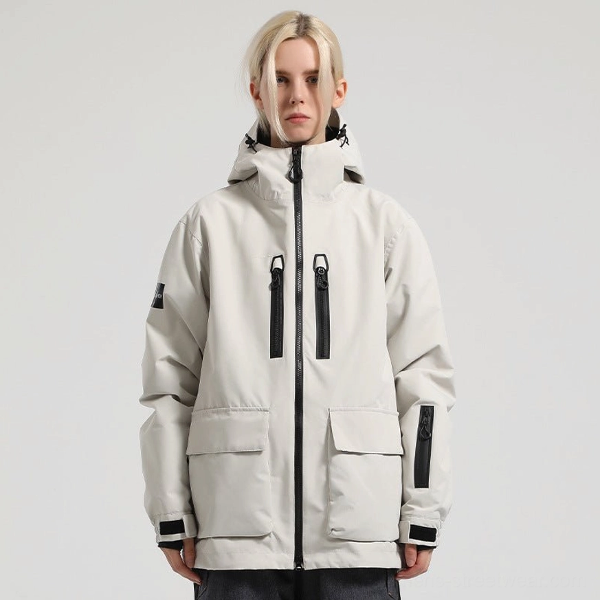 Off white minimalist snow jacket with dual chest zippers large lower cargo pockets and adjustable cuffs