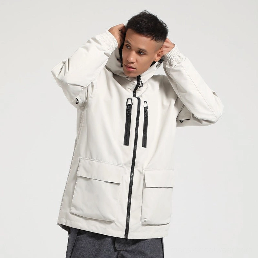 Off white unisex outdoor snow jacket with dual vertical chest zip pockets large flap hand pockets and attached hood