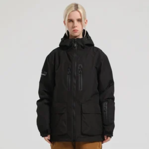 Solid black unisex snow jacket with attached hood multiple zippered cargo pockets and durable matte outdoor fabric