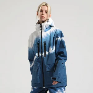 Blue white gradient cloud print unisex snowboard jacket shown from the front three quarter view with attached hood and black waterproof zipper pockets