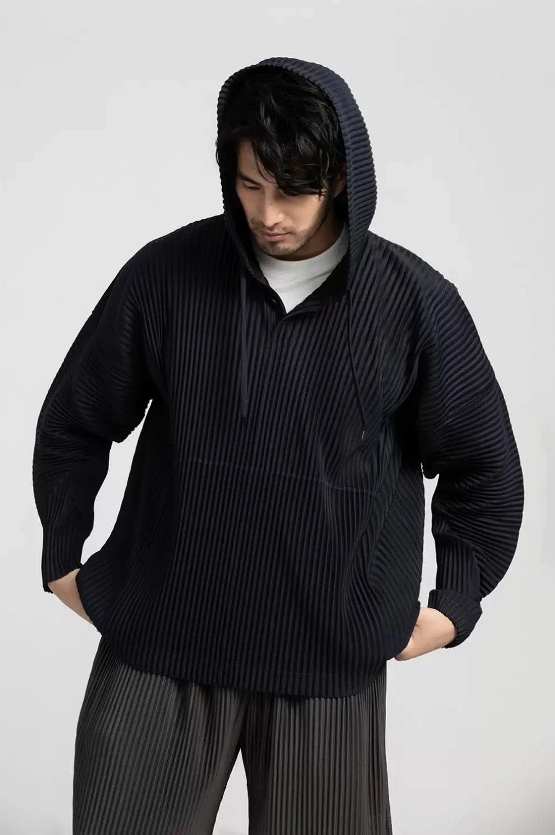 Glacier Wave vertical pleated hoodie product image with oversized silhouette, soft texture, and contemporary East Asian streetwear aesthetic