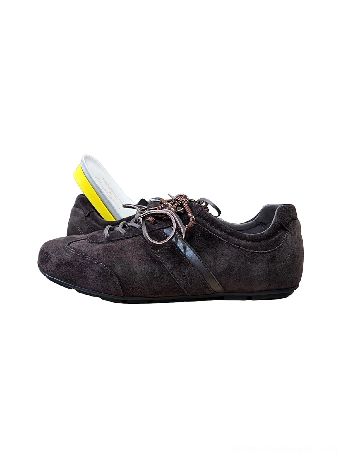 Black gloss-finish suede leather low-profile retro trainers product image for minimalist urban streetwear outfits