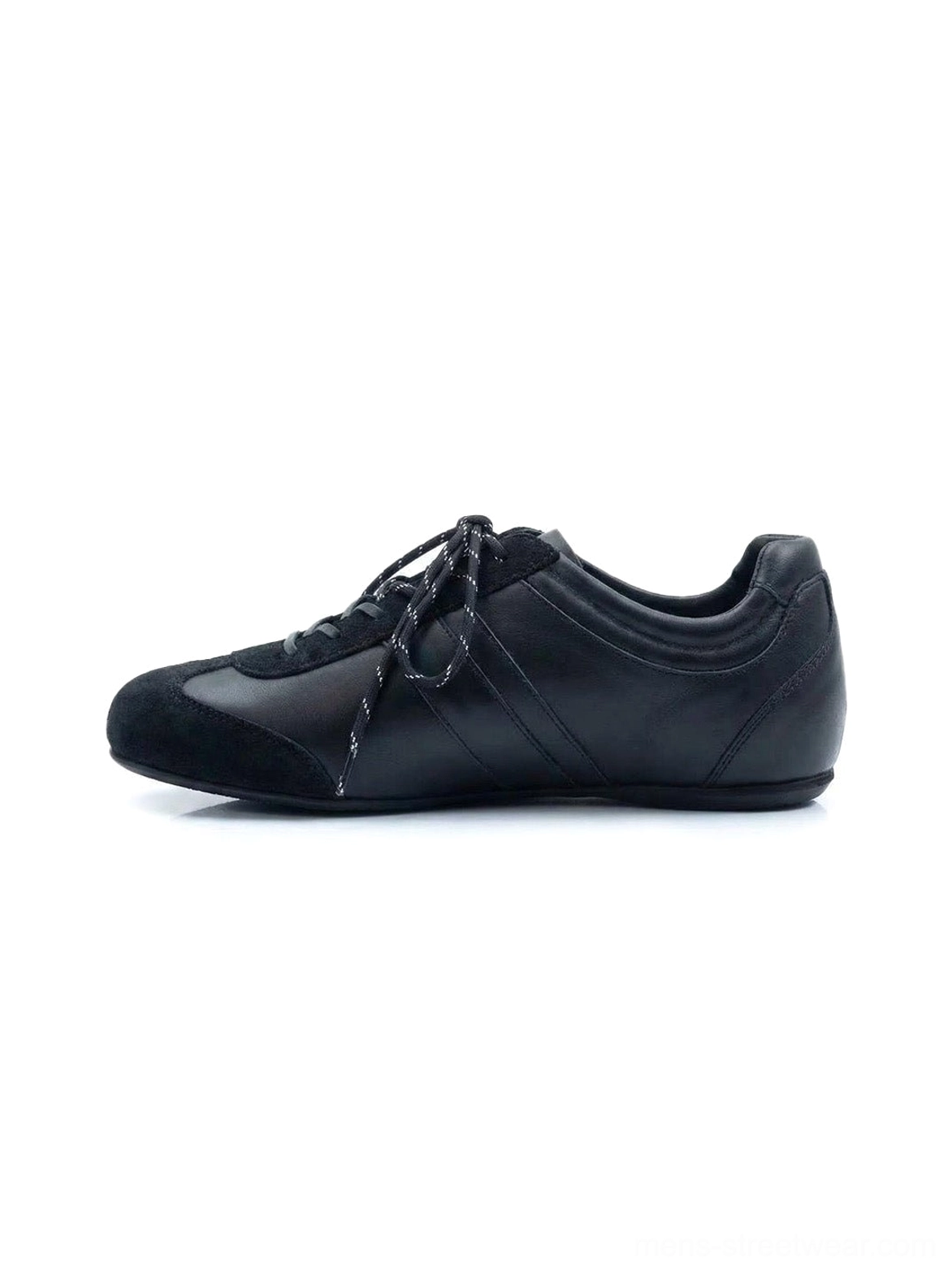 Black gloss-finish leather low-profile retro trainer with dark laces and a gum-toned flat outsole