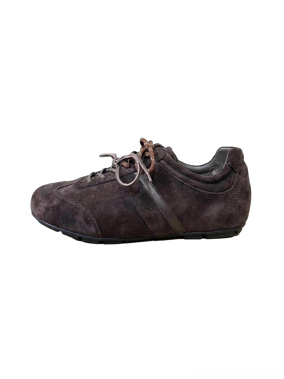 Dark brown suede and leather low-profile retro trainer shown from an angled side view