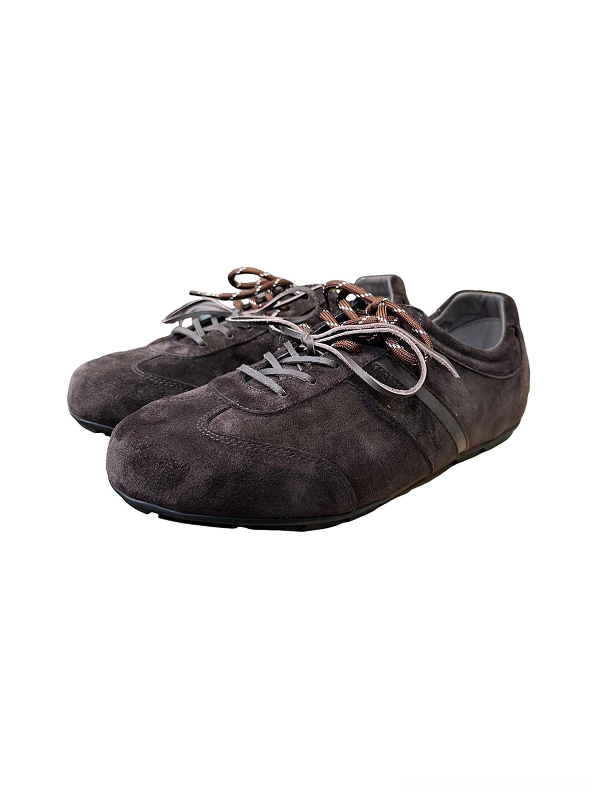 Gloss-finish suede leather low-profile trainers product image showing the mixed-texture retro sneaker construction