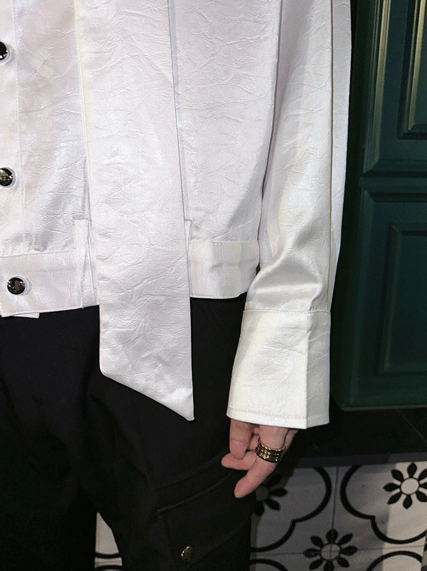Glossy polyester tie-neck shirt with relaxed proportions, pointed collar, and button-front design