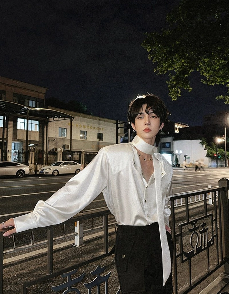 Glossy tie-neck streetwear shirt fashion product image showing its dramatic relaxed silhouette