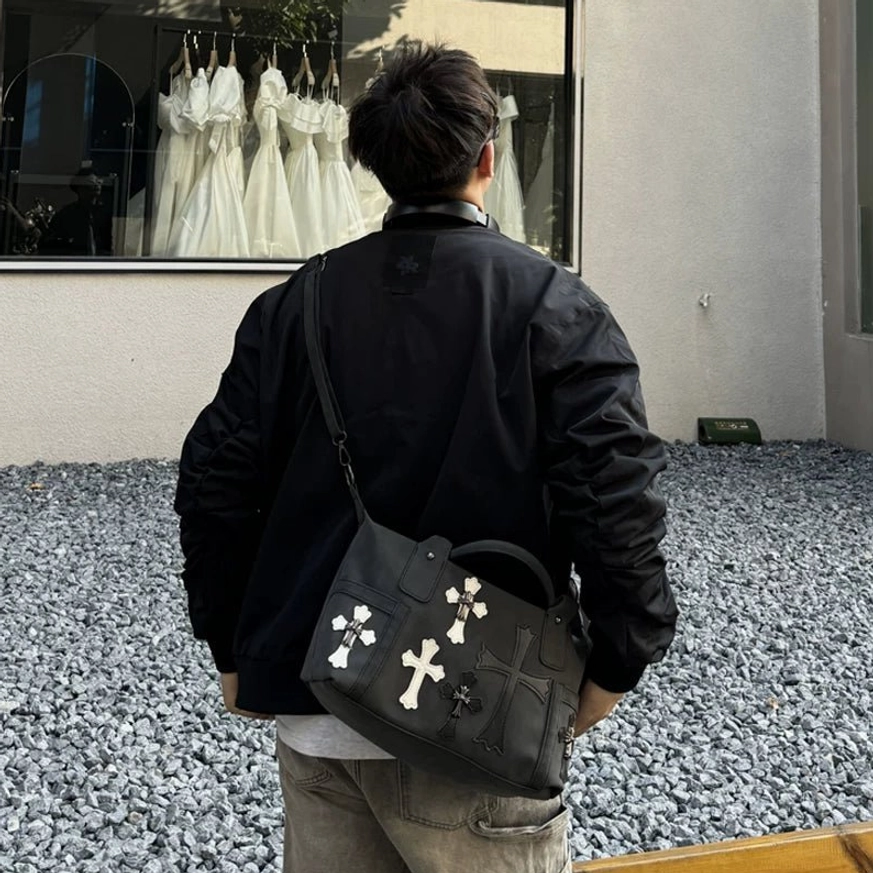 Black gothic cross PU leather crossbody satchel with dual top handles and zip-top daily carry design