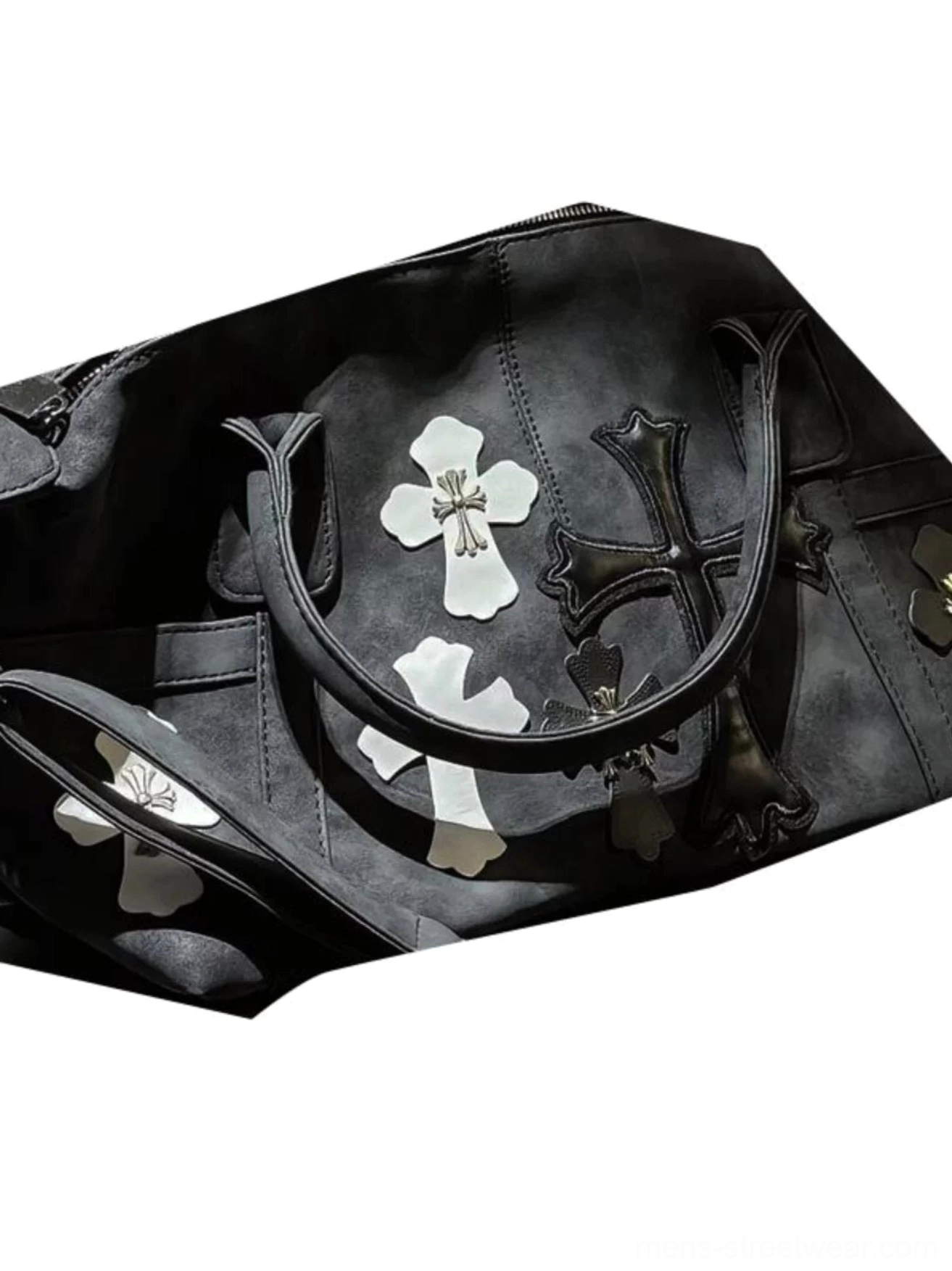 Close-up of black PU leather gothic cross satchel with dual handles raised cross appliques and zipper details