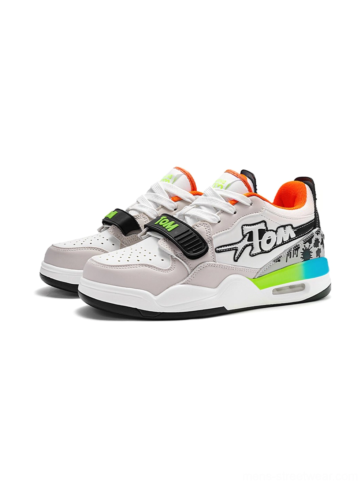 Gradient-accent basketball-inspired court sneakers with neon green strap, orange lining, layered color panels, and cushioned outsole