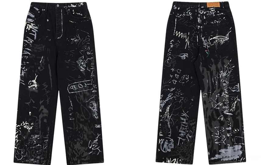 Graffiti-print wide-leg black jeans complete product view highlighting avant-garde streetwear design with urban art inspiration for fashion