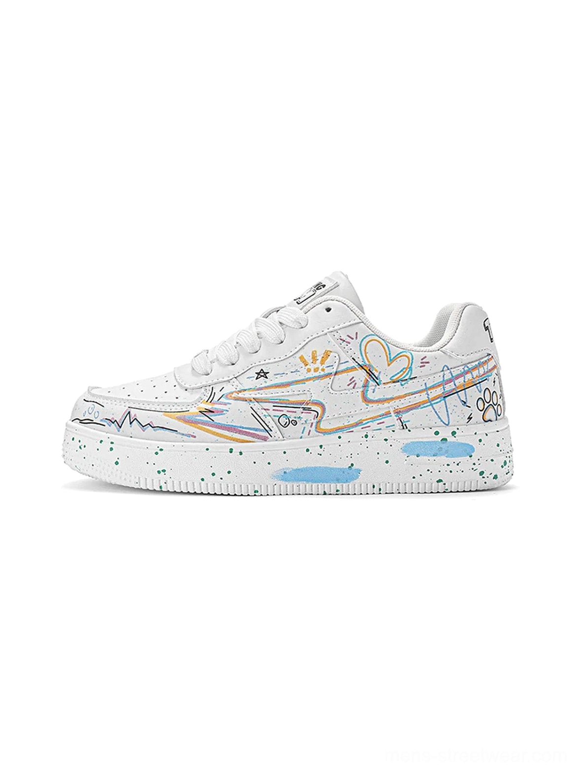 Side profile of white graffiti lightning low-top court sneakers with colorful line art, heart graphics, and a speckled streetwear outsole