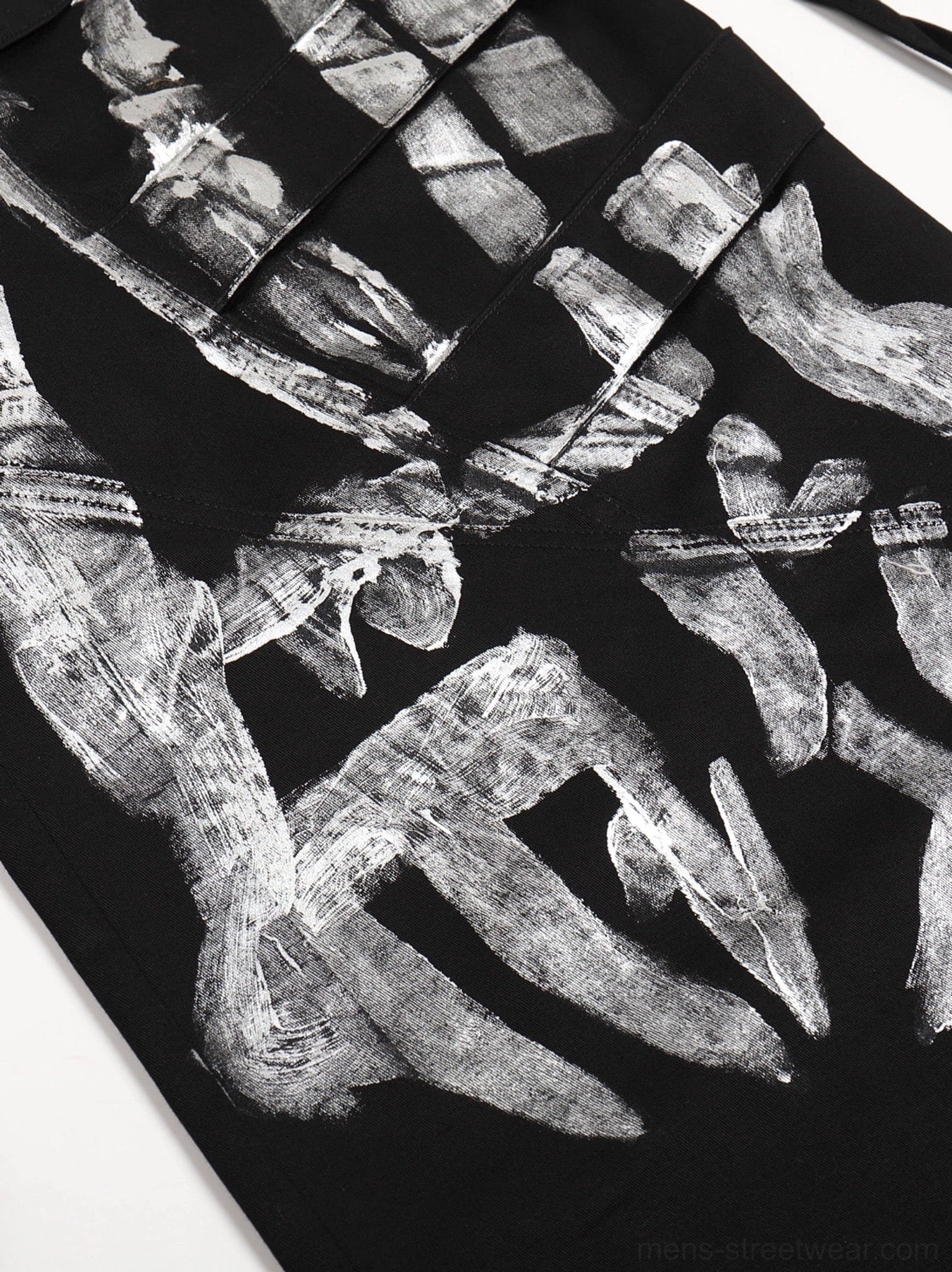 Graffiti print wide-leg cargo pants product image with silver abstract artwork and contemporary Asian streetwear styling