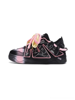 Black and pink graphic chunky low-top sneakers with pink trim, gradient toe caps, abstract line print, and two-tone laces