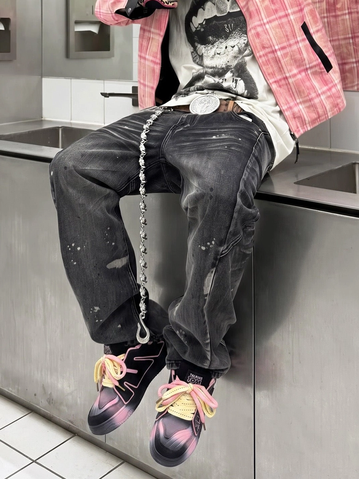 Pink-trim graphic chunky low-top sneakers styled with distressed black jeans and a casual streetwear outfit