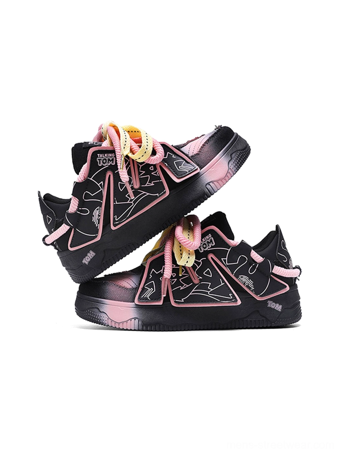 Stacked product display of graphic chunky low-top sneakers showing pink trim, color blocking, and detailed vamp panels