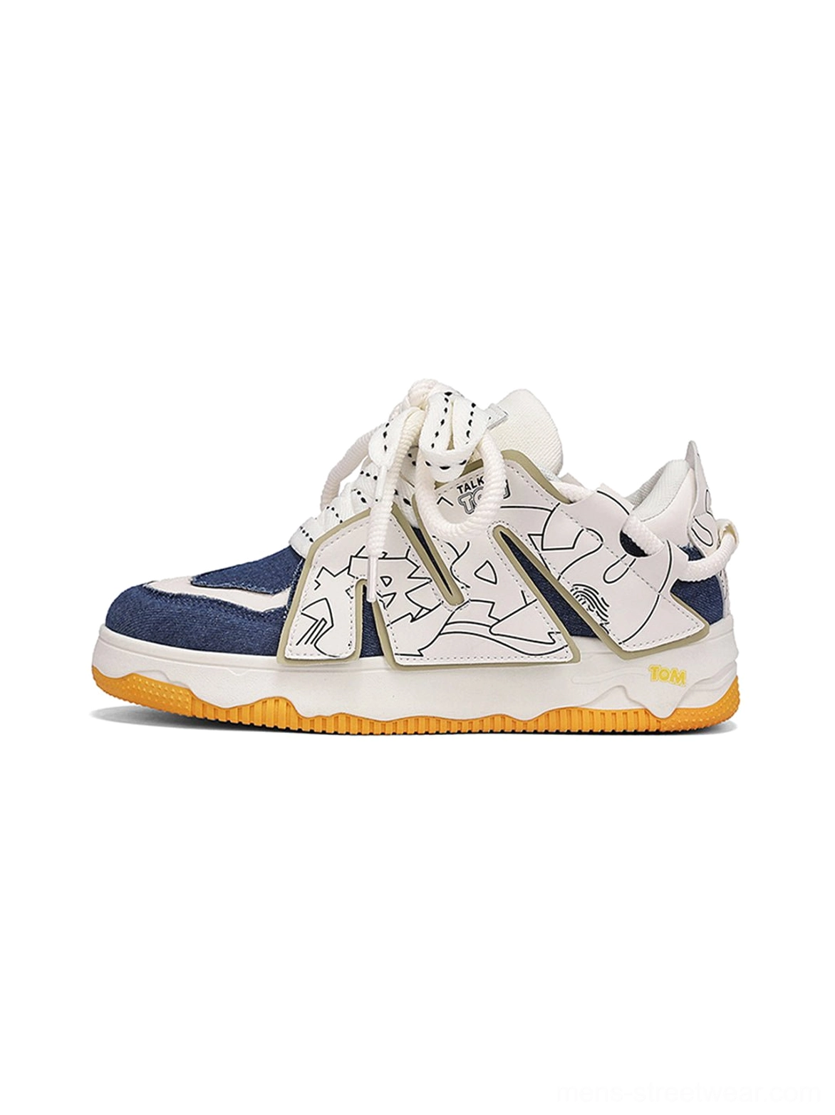 Fashion-forward graphic chunky low-top sneakers with statement laces and a broad streetwear-inspired outsole