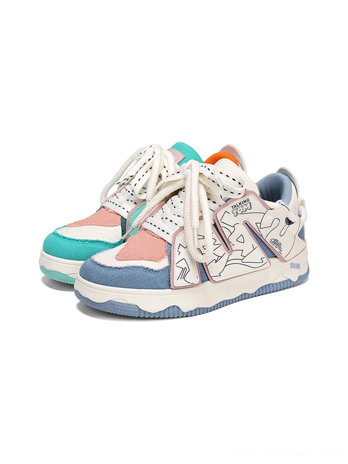 Alternative white graphic chunky low-top sneakers with teal, pink, blue trim, abstract line print, and thick laces