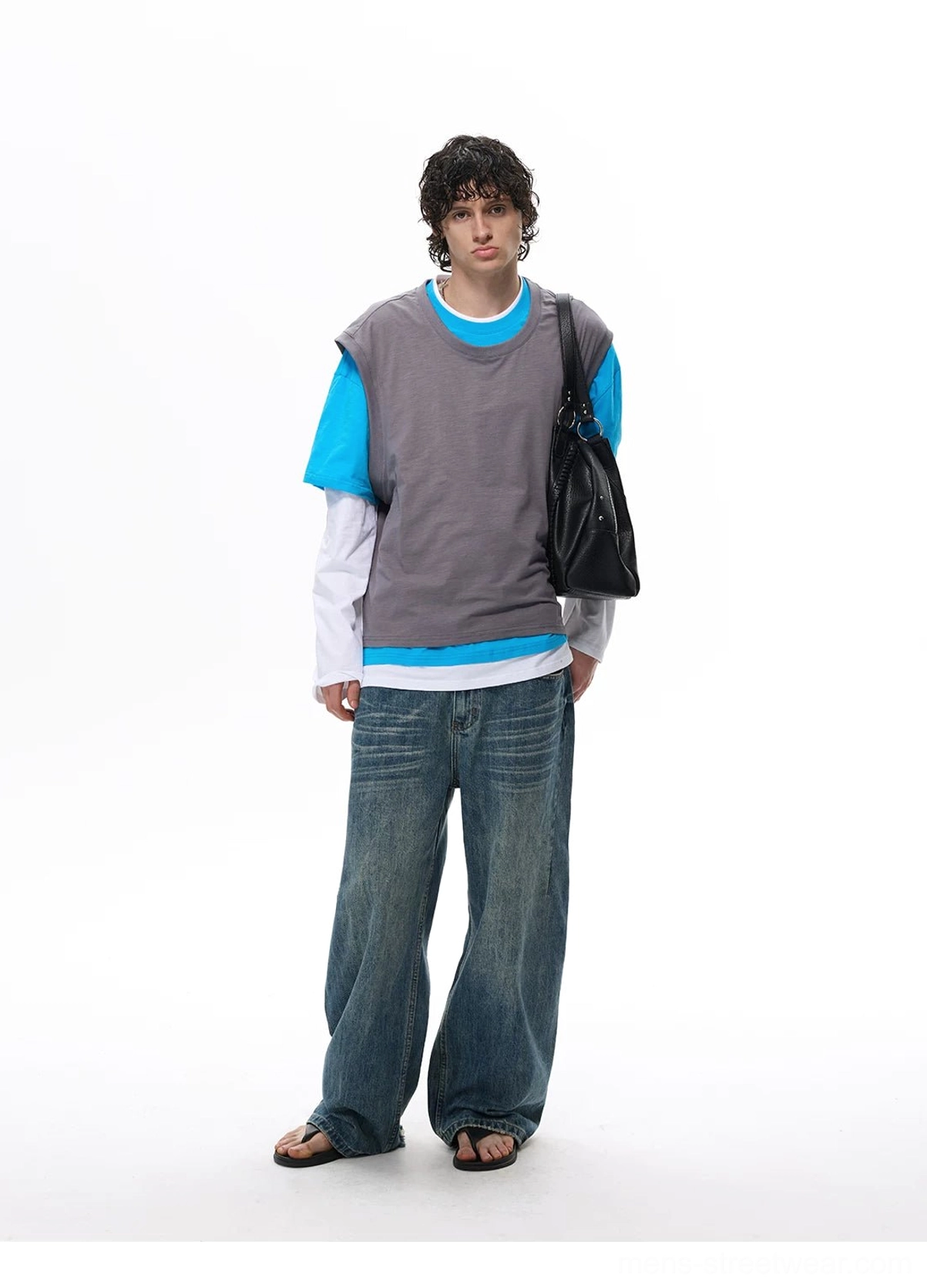 Gray blue and white Korean streetwear layered vest tee top styled with blue denim, slides, and a black shoulder bag