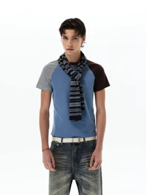 Gray and brown color block raglan T-shirt with striped neck scarf and denim jeans in Korean streetwear styling