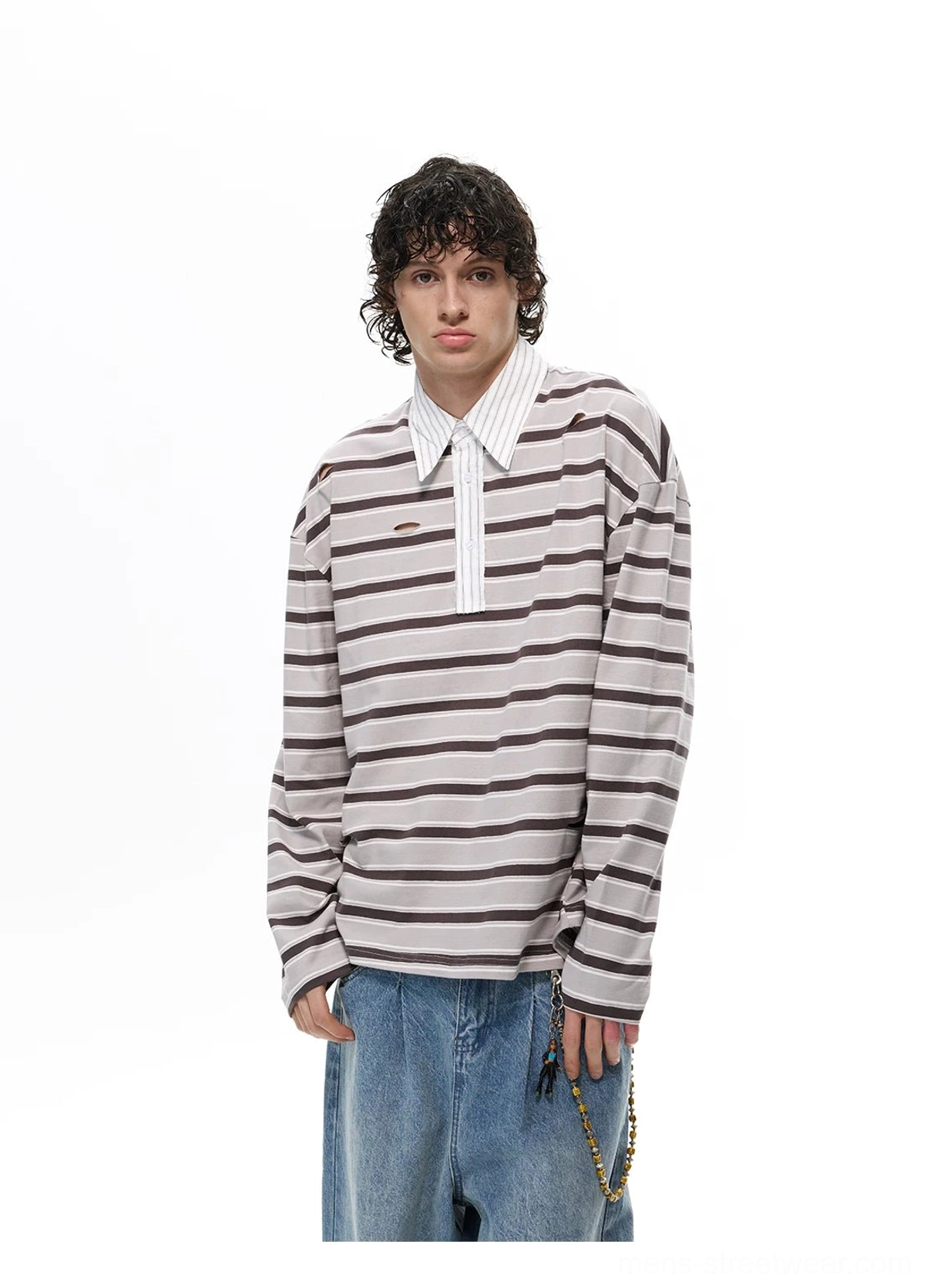 Gray and brown striped rugby polo shirt with white pointed collar, half-button placket, and relaxed long-sleeve design