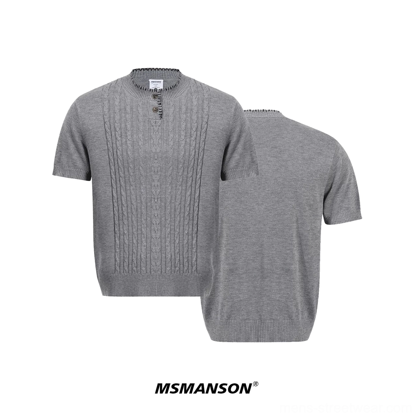 Gray cable knit Henley sweater tee front and back flat lay showing textured front panel and plain knit back