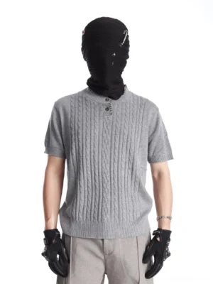Front view of gray cable knit Henley sweater tee with short sleeves and vertical textured knit pattern