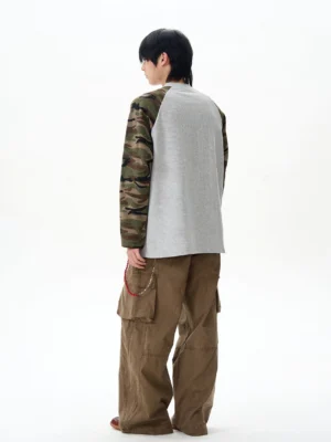 Gray camouflage sleeve raglan henley long sleeve shirt back full body view