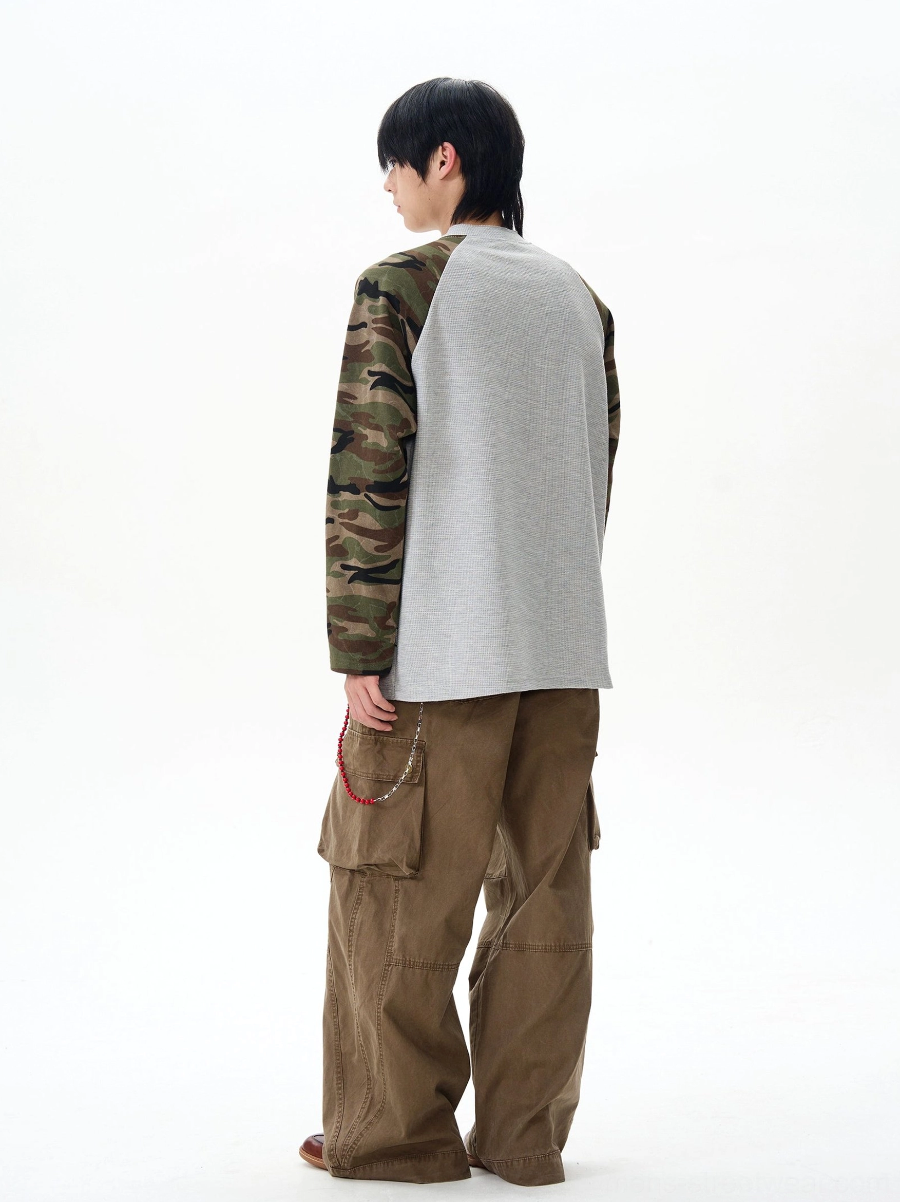 Gray camouflage sleeve raglan henley long sleeve shirt back full body view