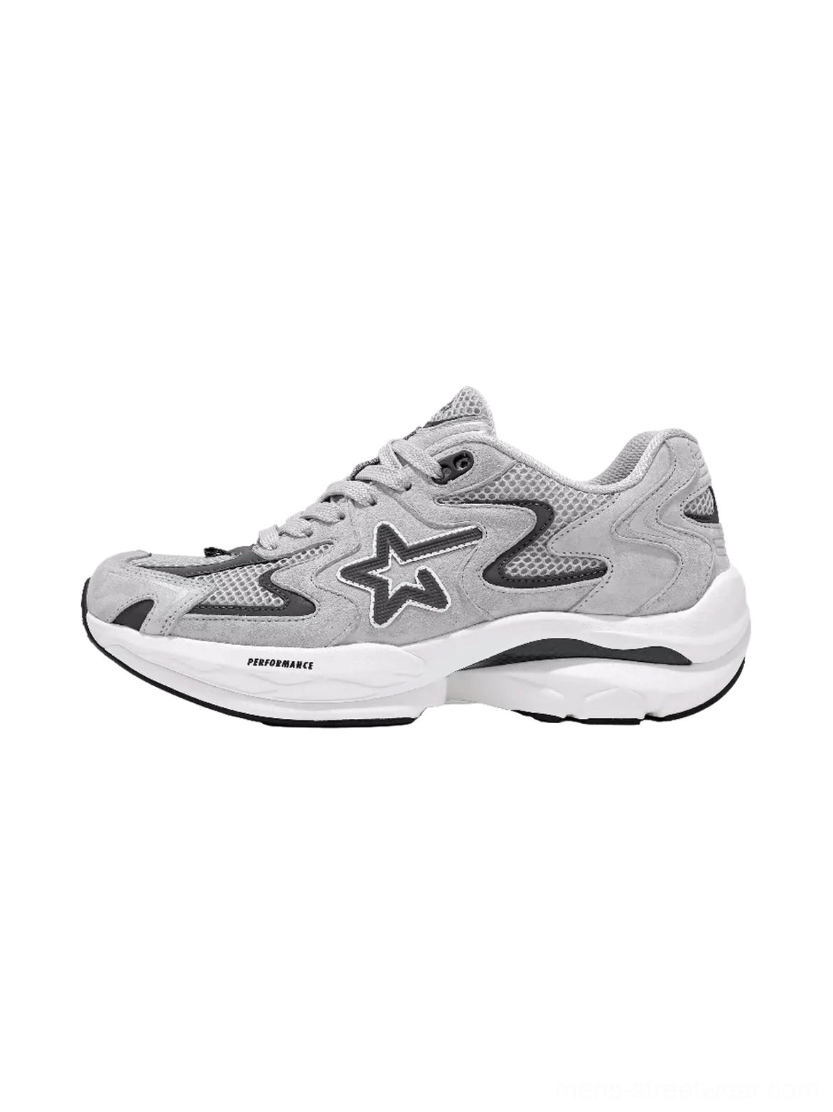 Side view of gray carbon plate platform running sneakers with pig suede mesh upper, outlined star logo, and thick white technical midsole