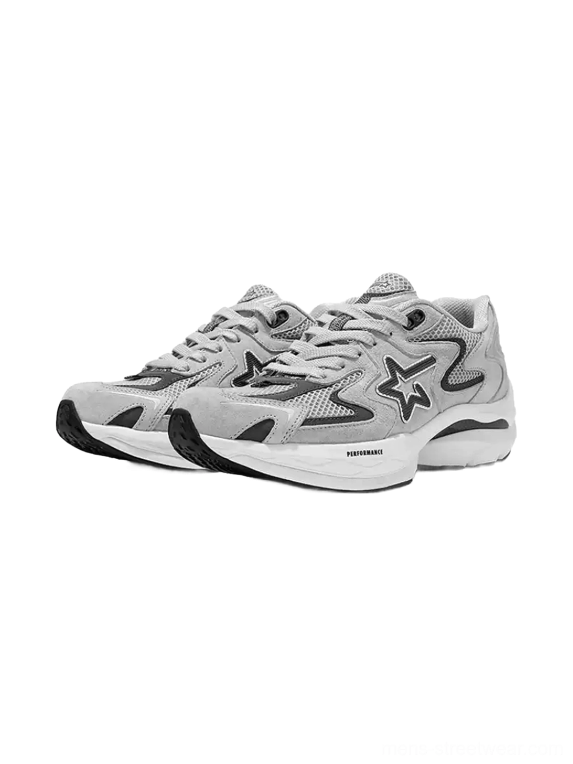 Pair of gray carbon plate platform running sneakers with matching side star logos, PERFORMANCE midsole text, and layered technical upper