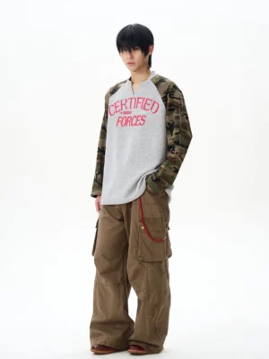 Gray certified forces camo raglan waffle henley shirt front full body streetwear outfit