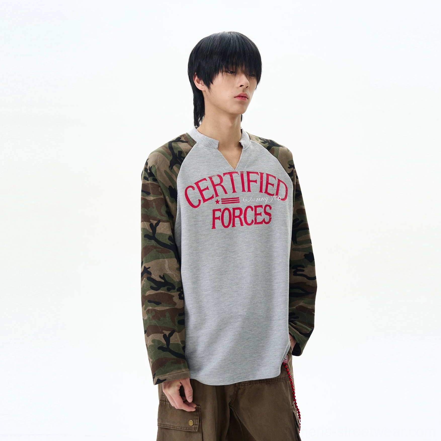 Gray certified forces camouflage raglan sleeve waffle henley streetwear shirt front view