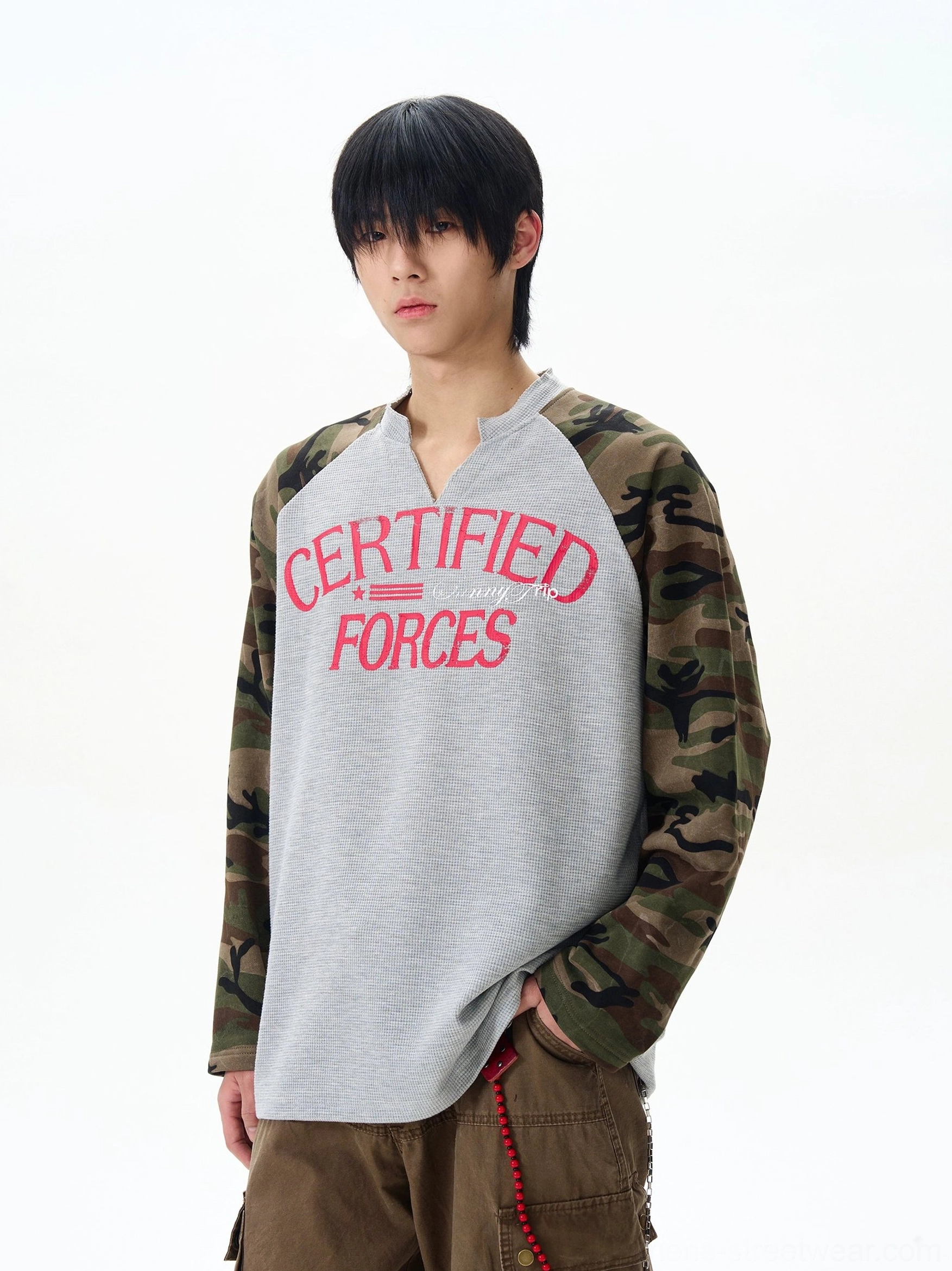 Gray certified forces waffle henley shirt with camouflage raglan sleeves front view