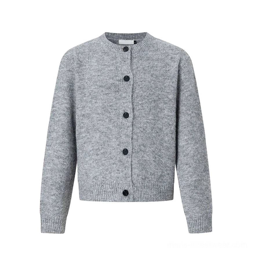 Gray contrast collar cardigan product image featuring brushed knit texture ribbed trims and Korean casual fashion appeal