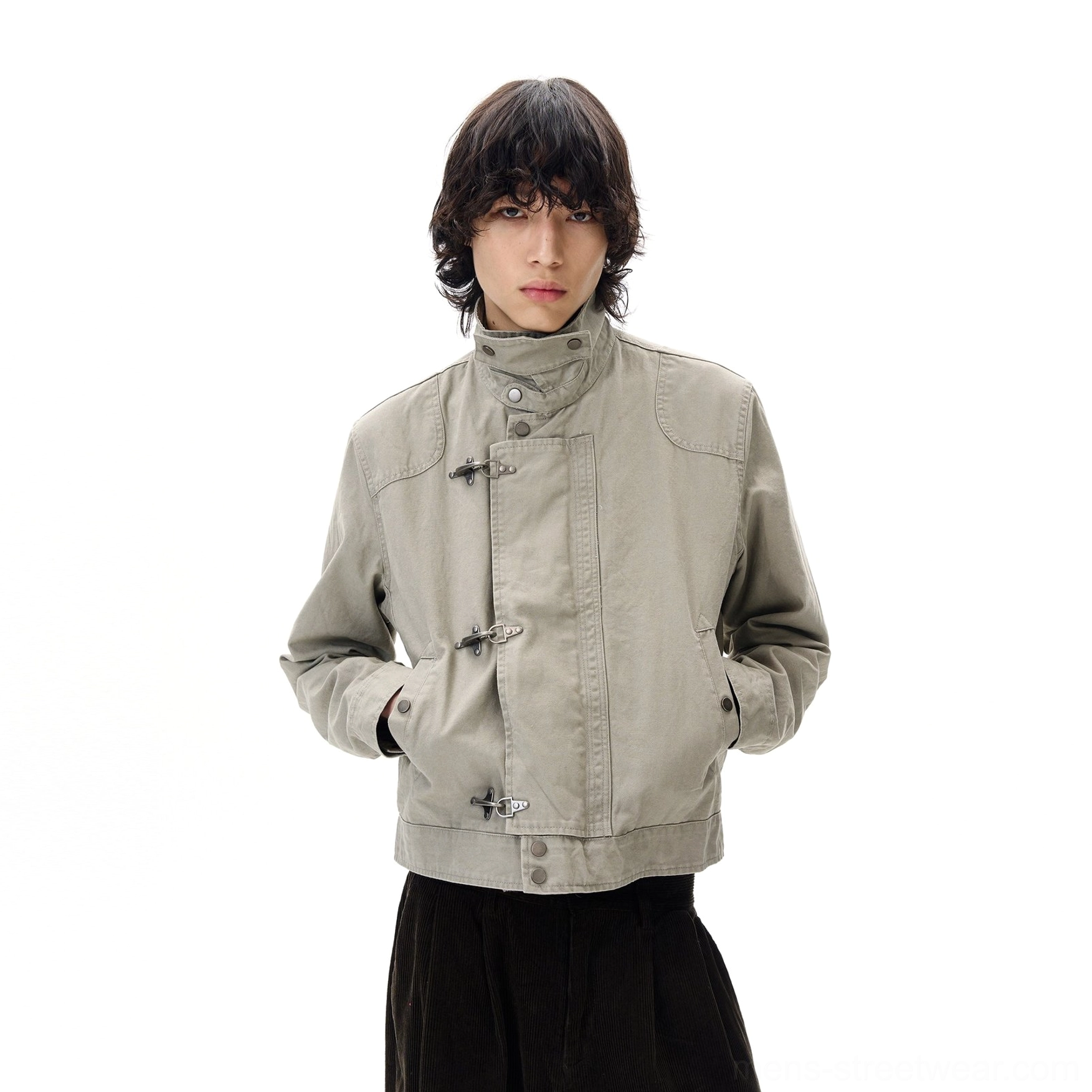 Gray cotton utility jacket with high structured collar metal toggle closure and cropped Seoul streetwear fit