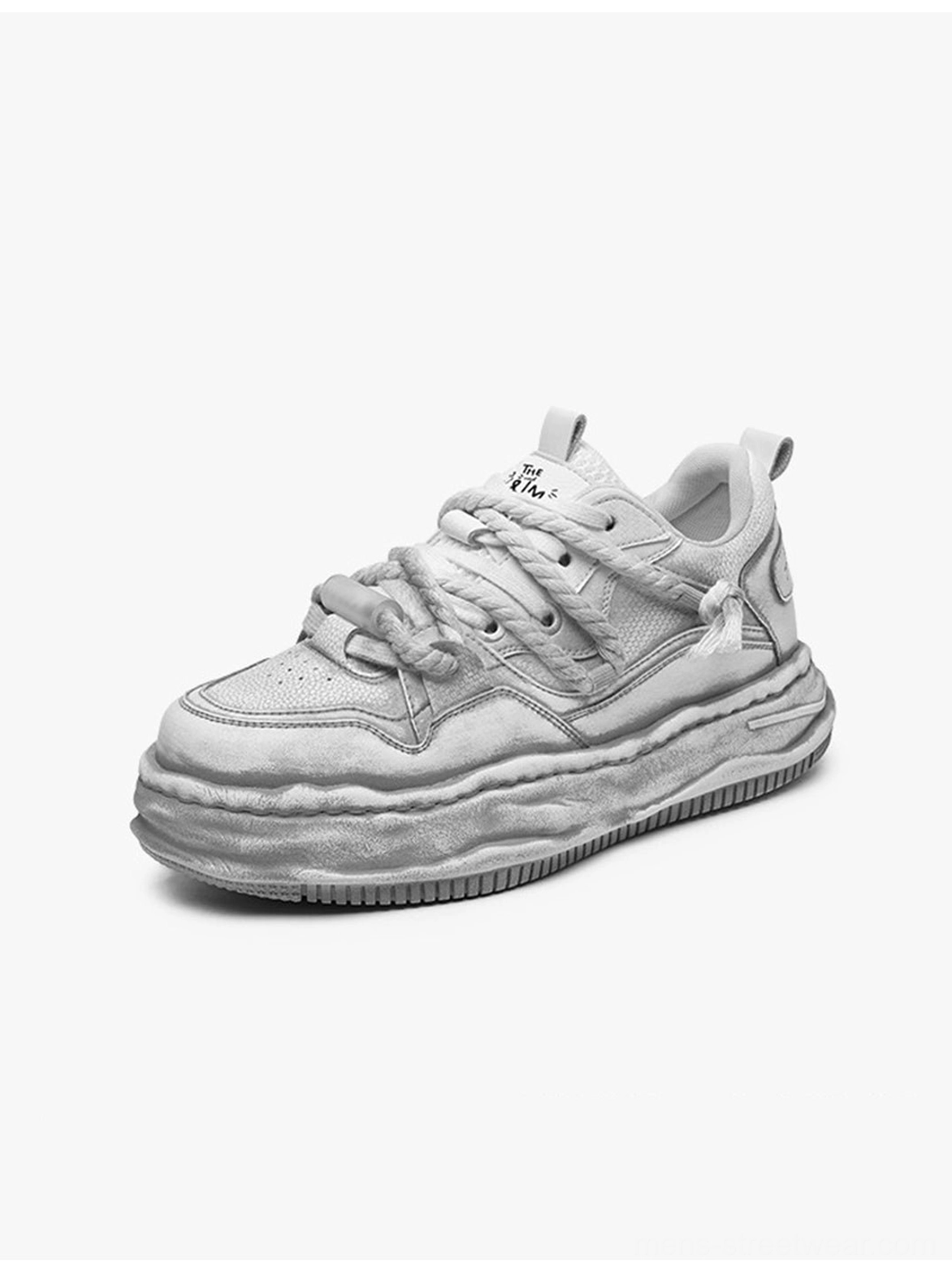 Gray distressed platform sneakers designed for oversized denim, casual trousers, and modern East Asian streetwear looks