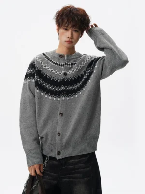 Men's gray Fair Isle button front cardigan with relaxed fit shown from a three-quarter front studio angle