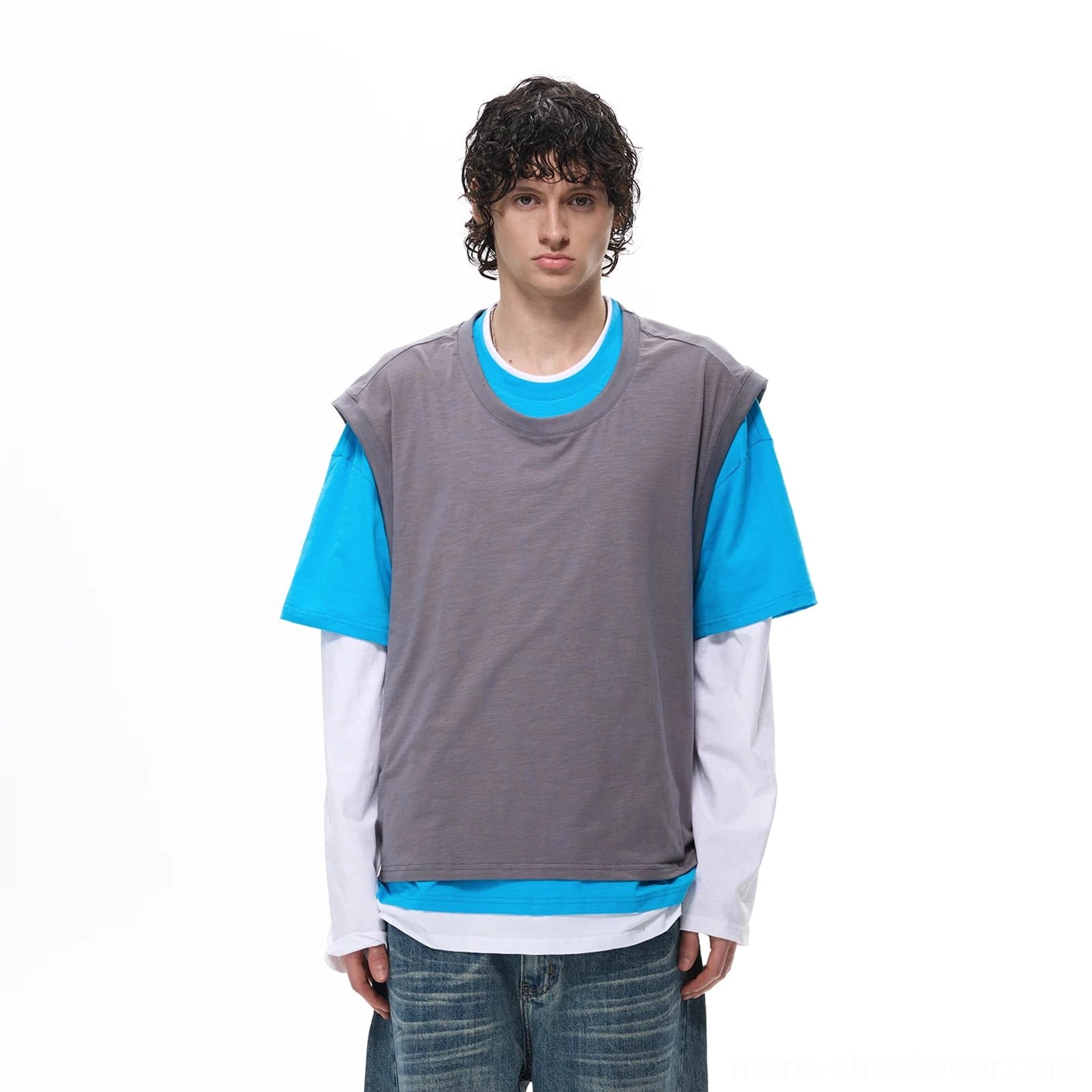 Gray faux two-piece layered vest tee top with detachable vest option for modern Korean streetwear outfits